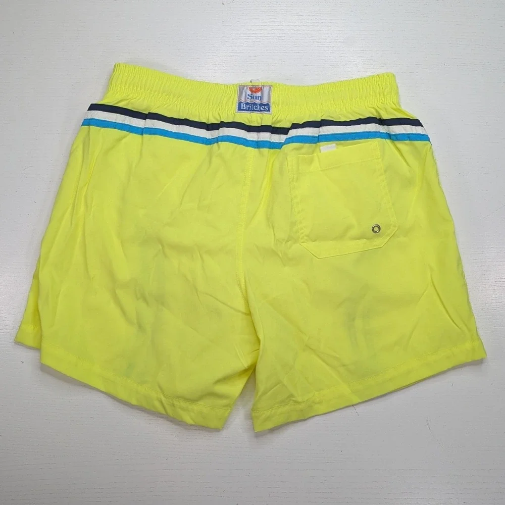 Vintage 80s Sun Britches Swim Trunks Mens M Neon Yellow Stripe NWOT